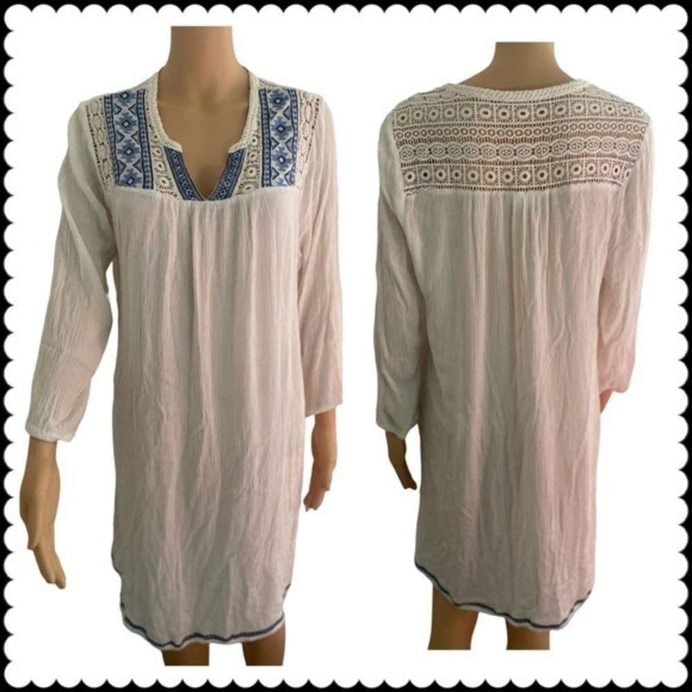Artiasan Ny Womens Large White Embroidered 3/4 Sleeve Dress Knee Length